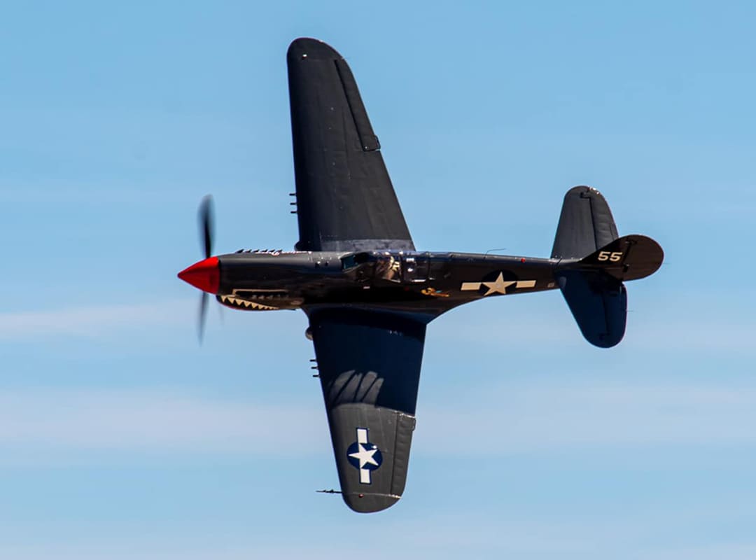 Black P-40 Warhawk with a red nose and shark-mouth artwork banking through a clear blue sky.