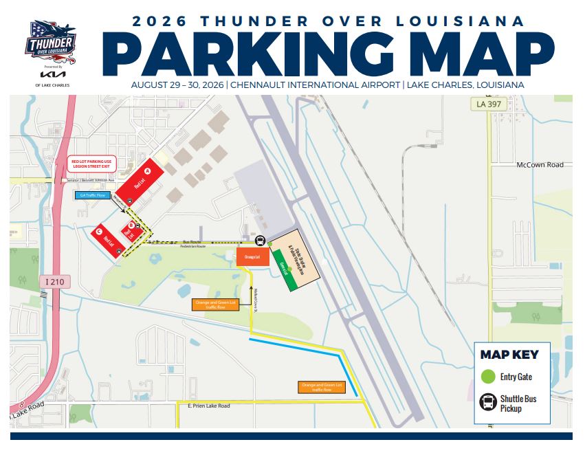 Parking map for the 2026 Thunder Over Louisiana Air Show at Chennault International Airport showing remote general parking, premium, VIP, vendor, and accessible parking areas, shuttle bus pickup locations, the main entry gate, and designated vehicle traffic routes.