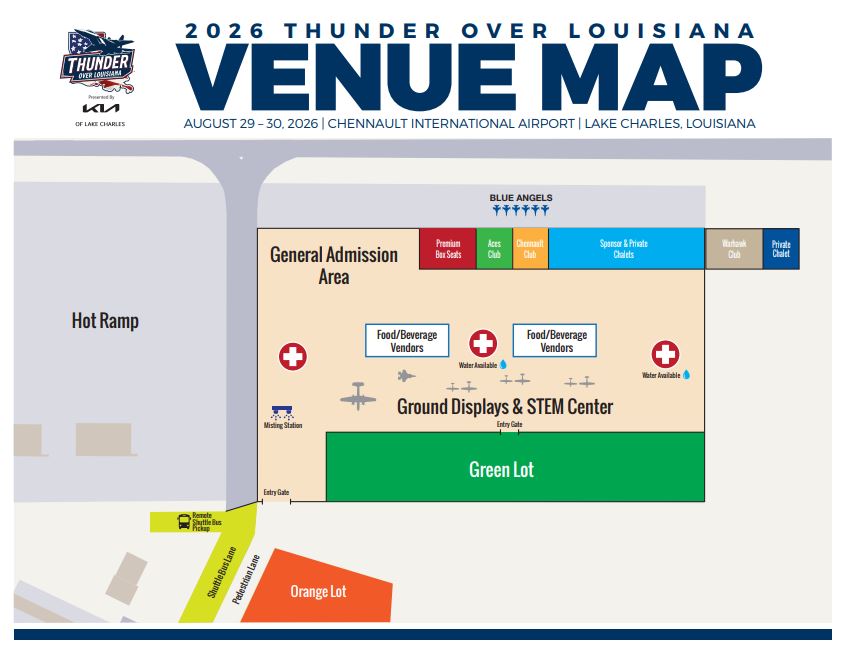 2026 Thunder Over Louisiana venue map at Chennault International Airport. General Admission includes Ground Displays and STEM Center, food and beverage vendors, misting and water stations. Premium seating, clubs and sponsor chalets line the flight line near the Blue Angels. Green Lot is south of General Admission, with Orange Lot and remote shuttle pickup farther southwest.