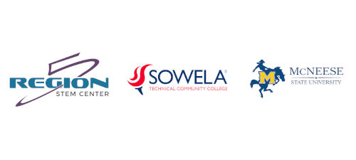 STEM center logos - featuring: Region STEM Center, SOWELA, and McNeese State University